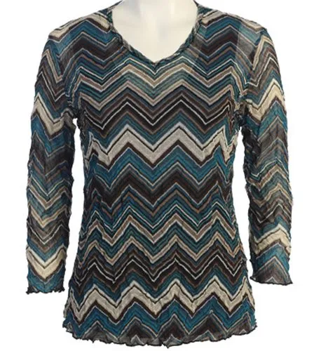 Jess & Jane - Chevron, 3/4 Sleeve, Scoop Neck, Cotton Poly Crushed Mesh with Tank Top