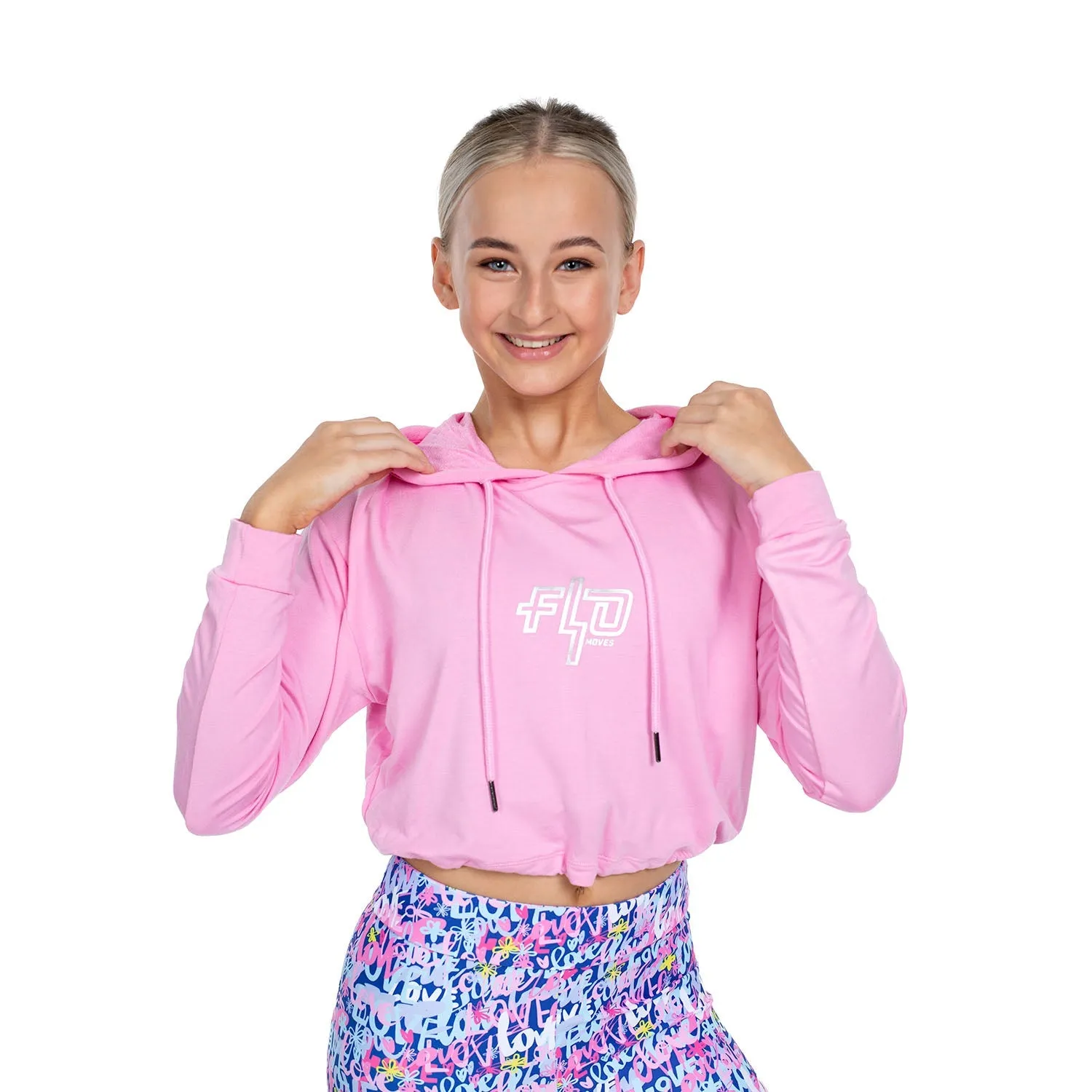 Justine: Drawstring Hoody in Pink with 'Flo' Print