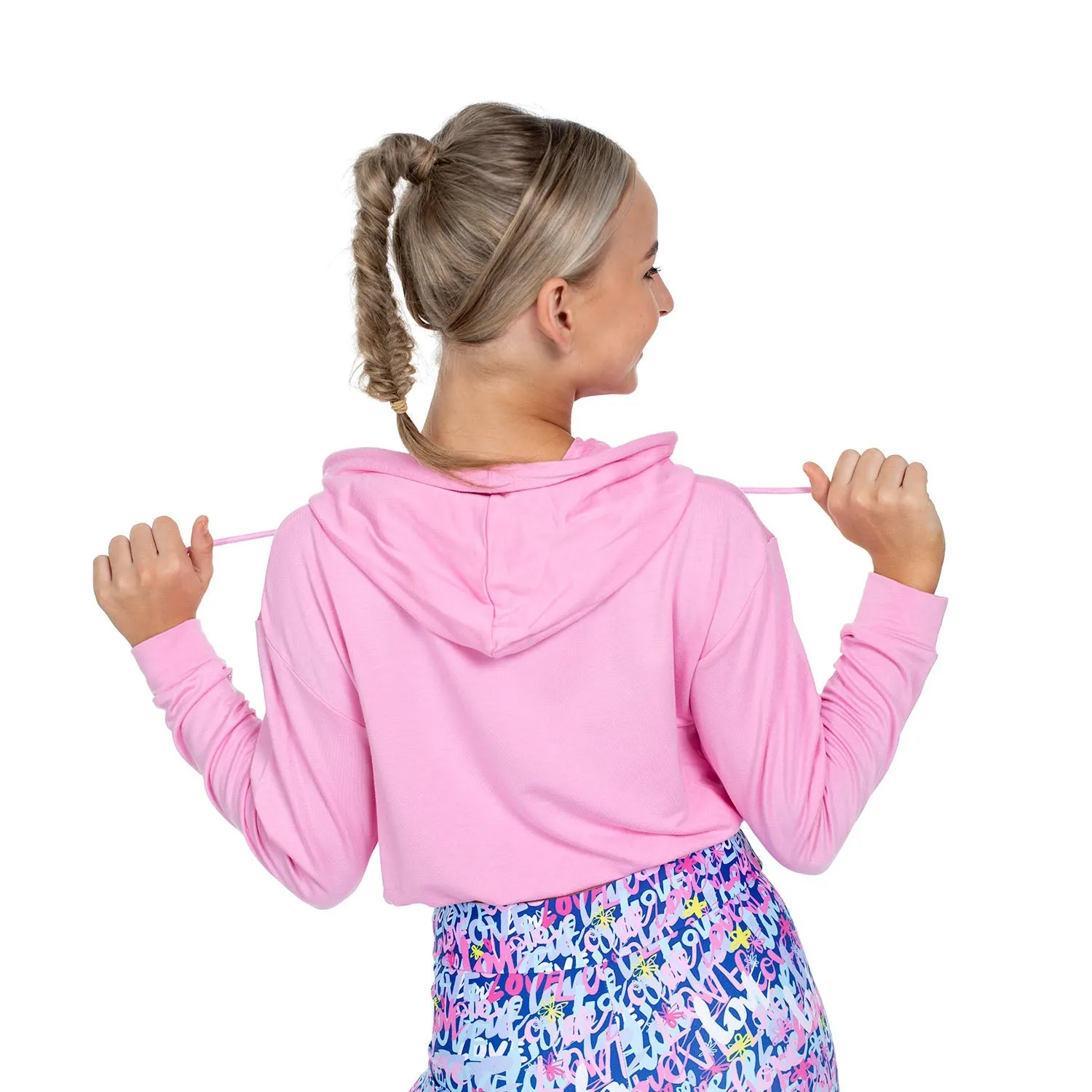 Justine: Drawstring Hoody in Pink with 'Flo' Print