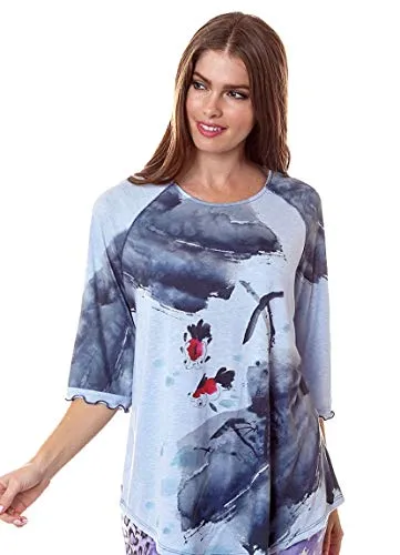 Katina Marie - Koi Fish, 3/4 Sleeve, Scoop Neck, Asian Theme, Rounded Hem Top