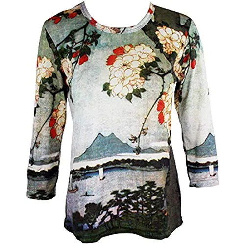 Katsushika Hokusai - Cherry Blossom, 3/4 Sleeve, Scoop Neck Women's Art Themed Top