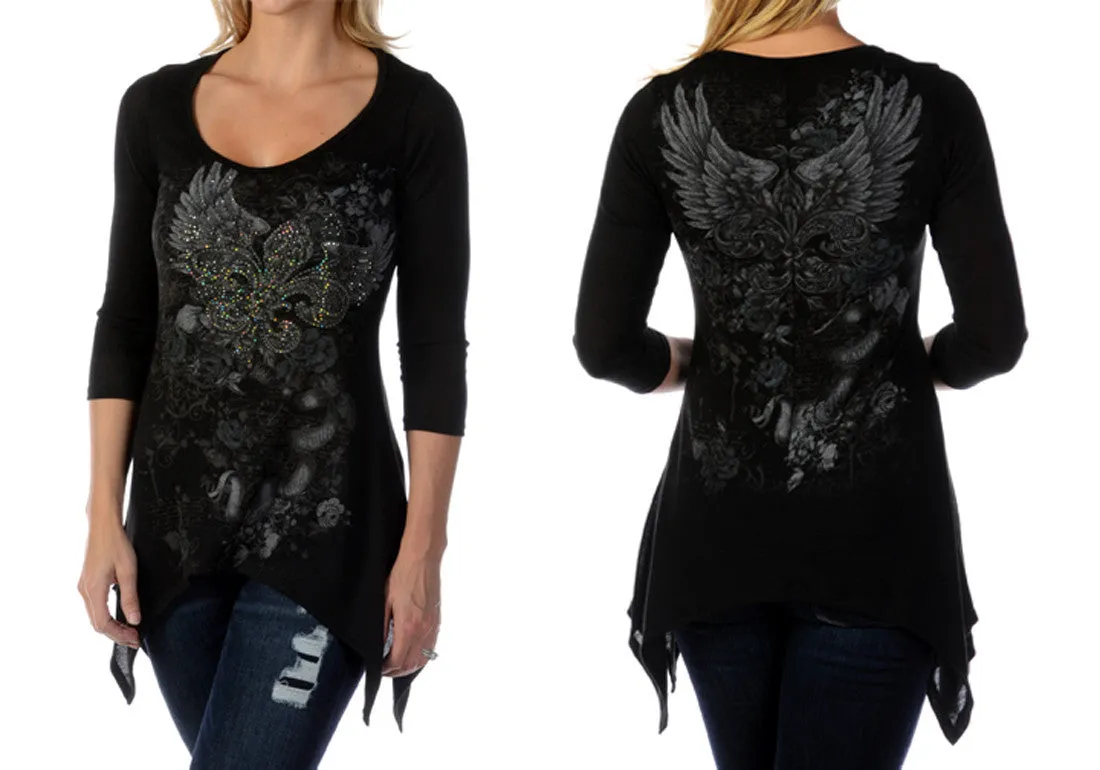 Liberty Wear - Love & Faith Fleur, 3/4 Sleeve, Sharkbite Hem Rhinestone Top