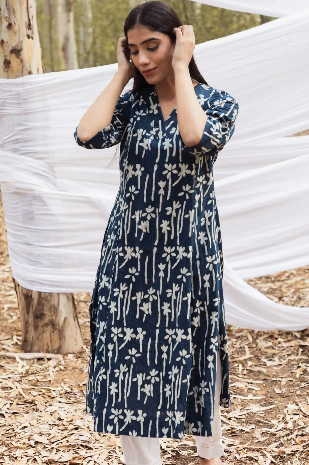 Maira Indigo Floral V Neck A Line Kurta