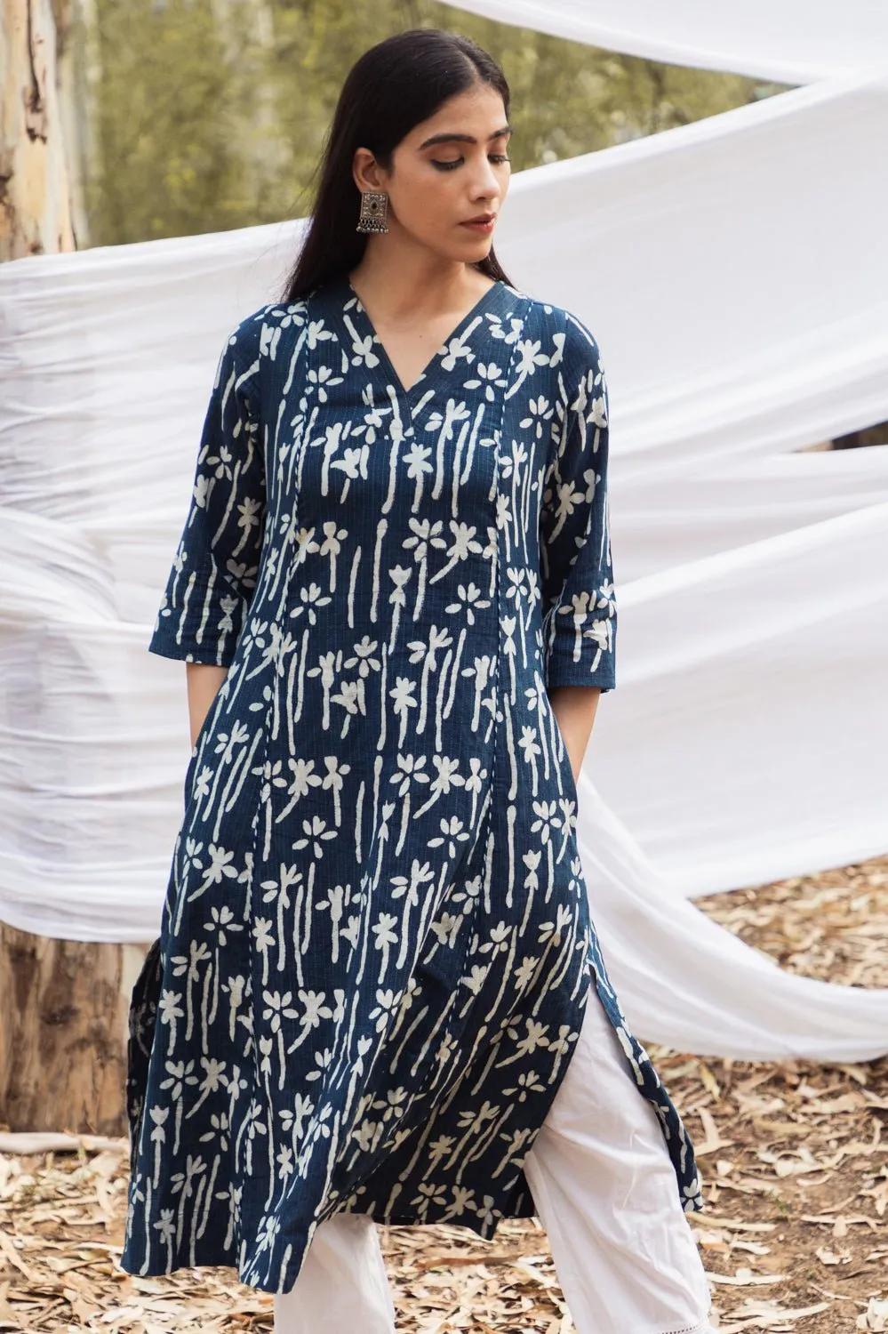 Maira Indigo Floral V Neck A Line Kurta