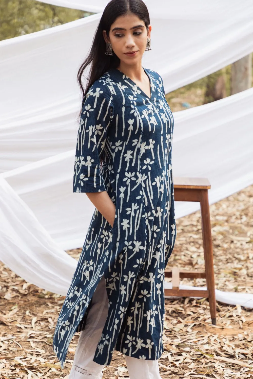 Maira Indigo Floral V Neck A Line Kurta