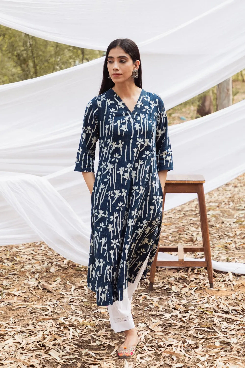 Maira Indigo Floral V Neck A Line Kurta