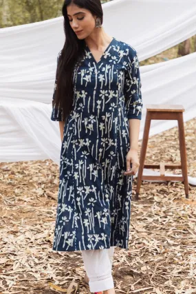 Maira Indigo Floral V Neck A Line Kurta