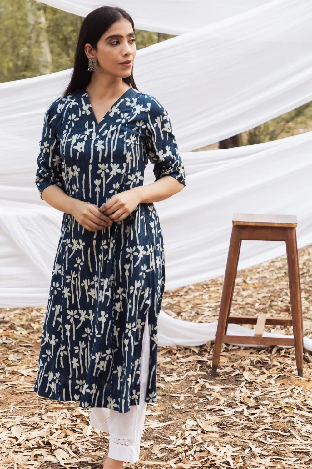 Maira Indigo Floral V Neck A Line Kurta