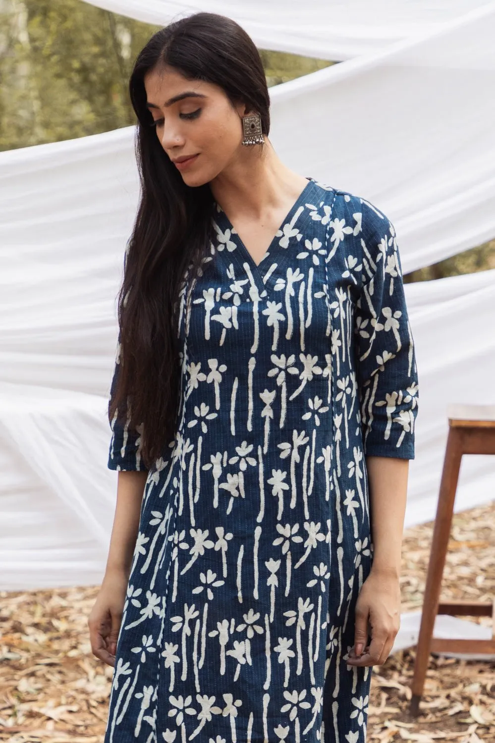 Maira Indigo Floral V Neck A Line Kurta