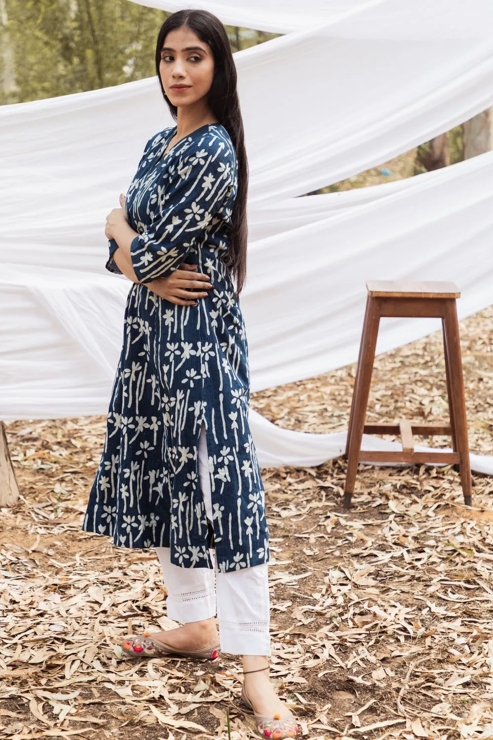 Maira Indigo Floral V Neck A Line Kurta