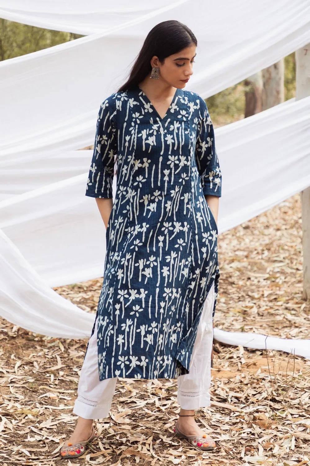 Maira Indigo Floral V Neck A Line Kurta