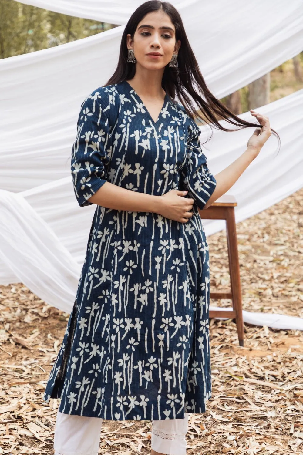 Maira Indigo Floral V Neck A Line Kurta