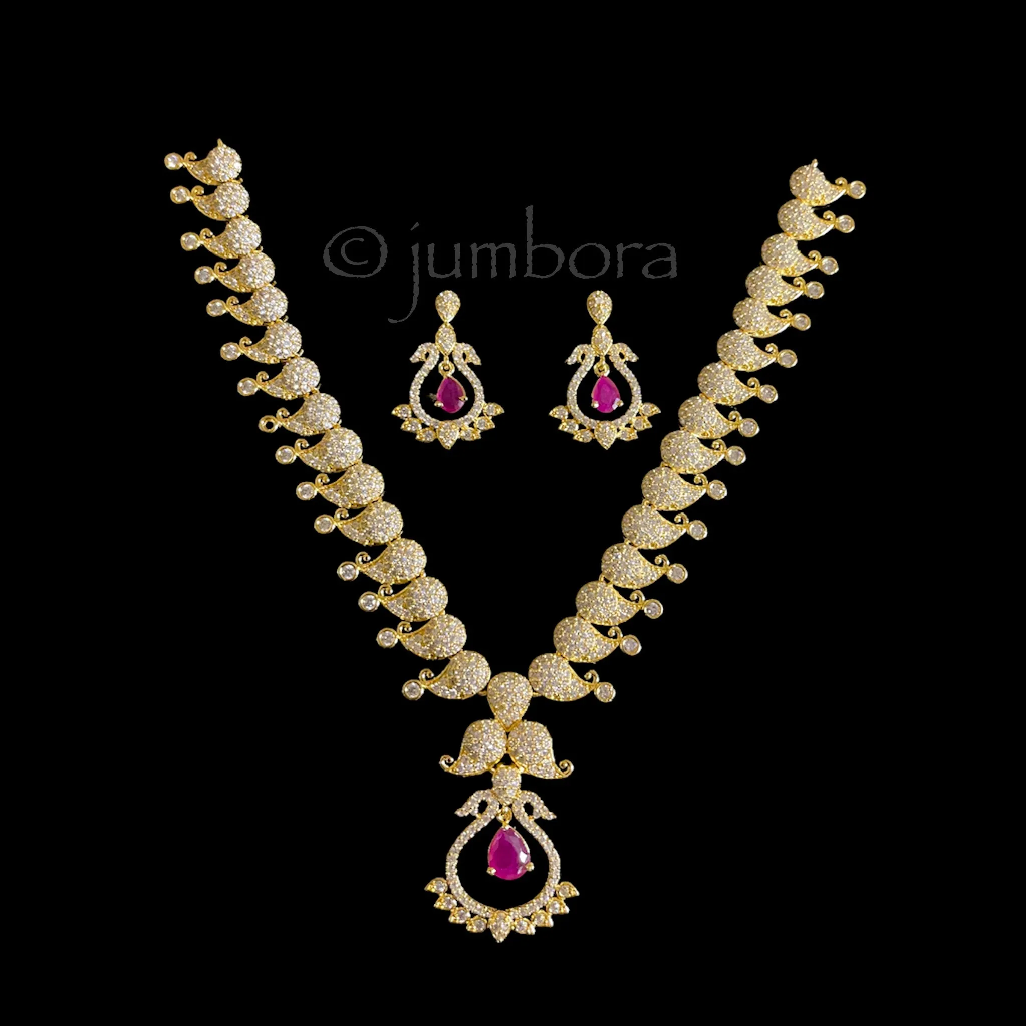 Mango White AD Zircon (CZ) Necklace with Ruby Red dangle