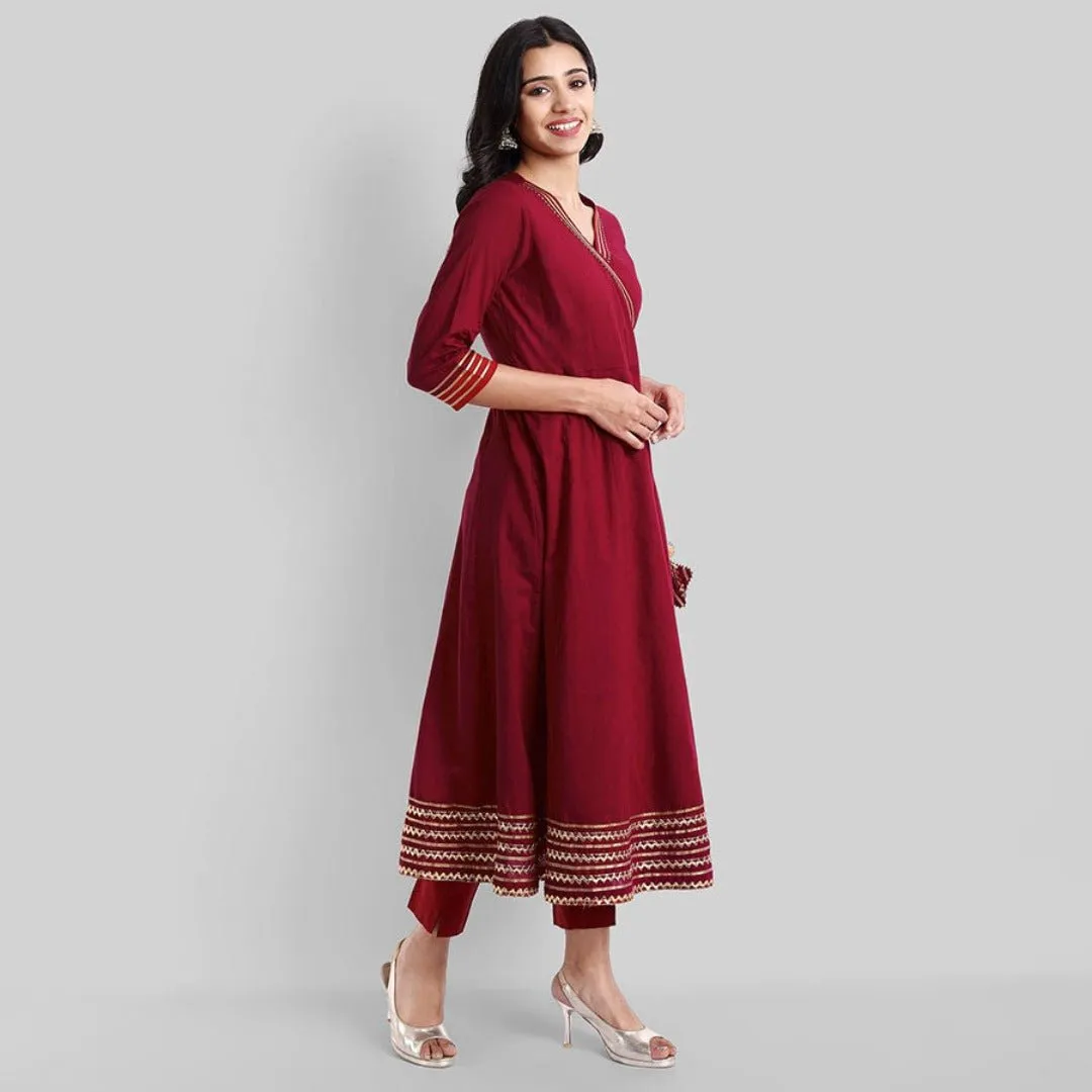 Maroon Gota Angarkha Kurta Pants Set