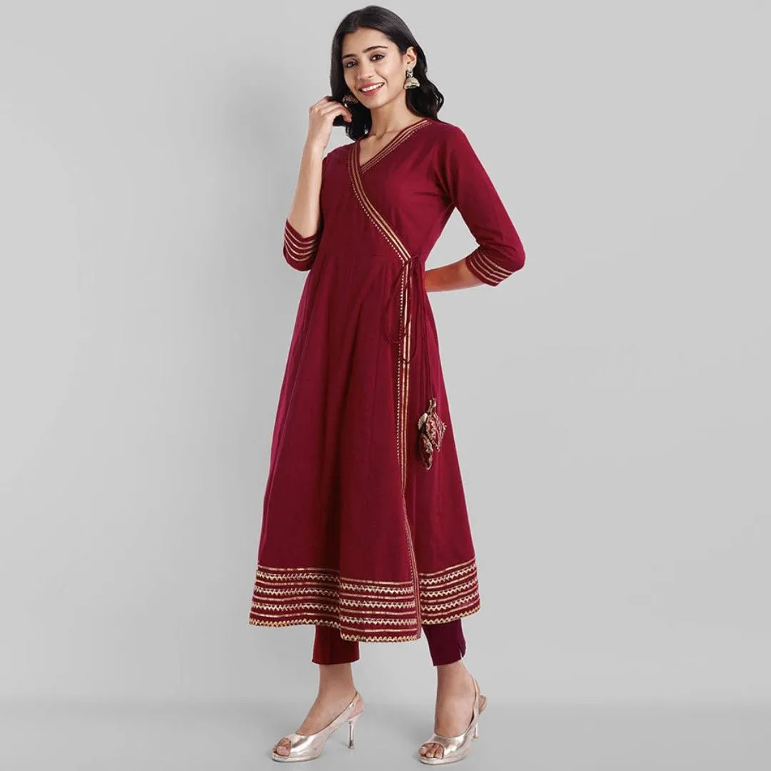 Maroon Gota Angarkha Kurta Pants Set