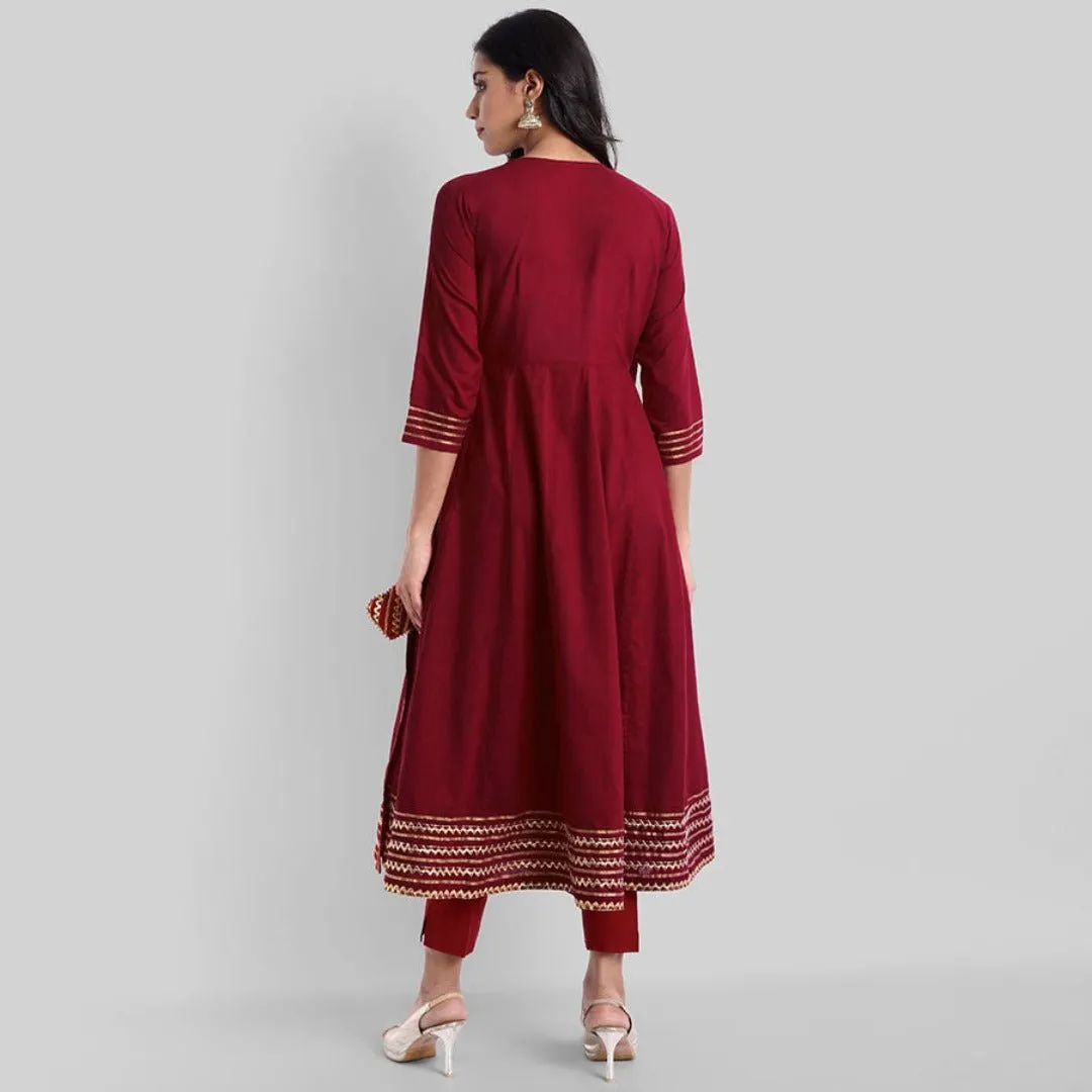 Maroon Gota Angarkha Kurta Pants Set