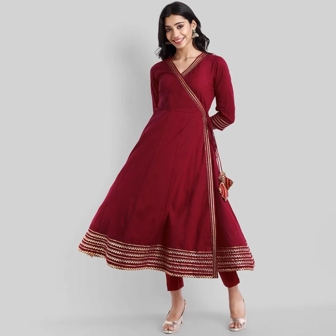 Maroon Gota Angarkha Kurta Pants Set