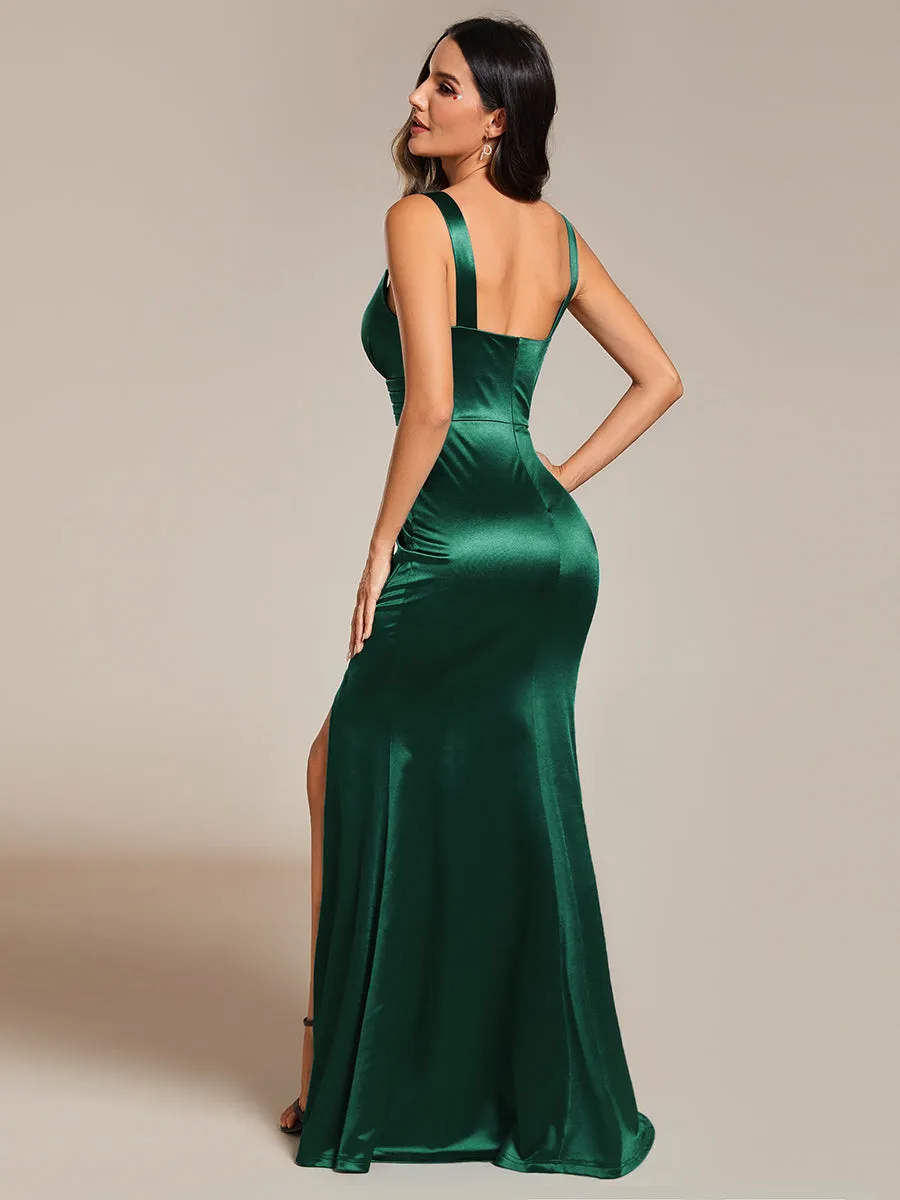 Maxi Long V-Neck Ruched Satin Evening Dress With Sleeveless