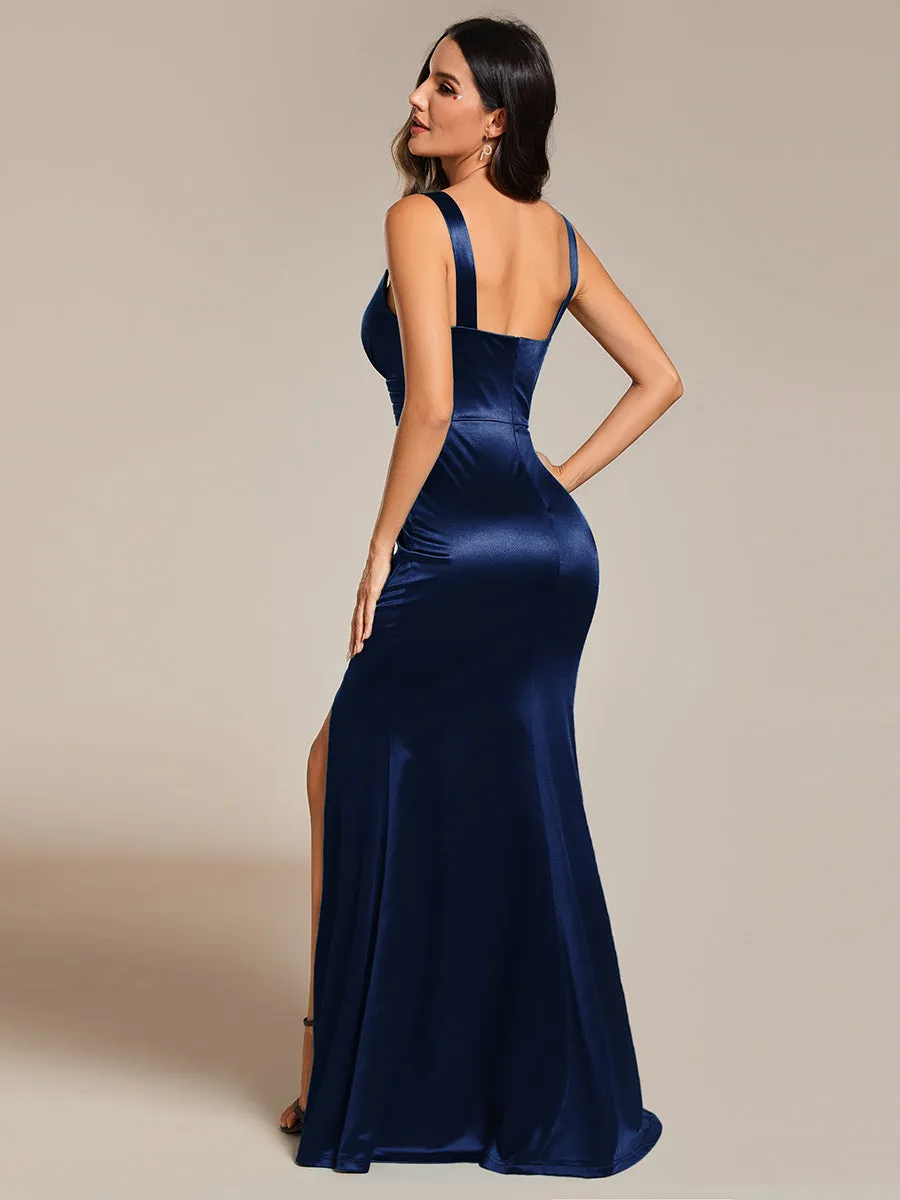 Maxi Long V-Neck Ruched Satin Evening Dress With Sleeveless