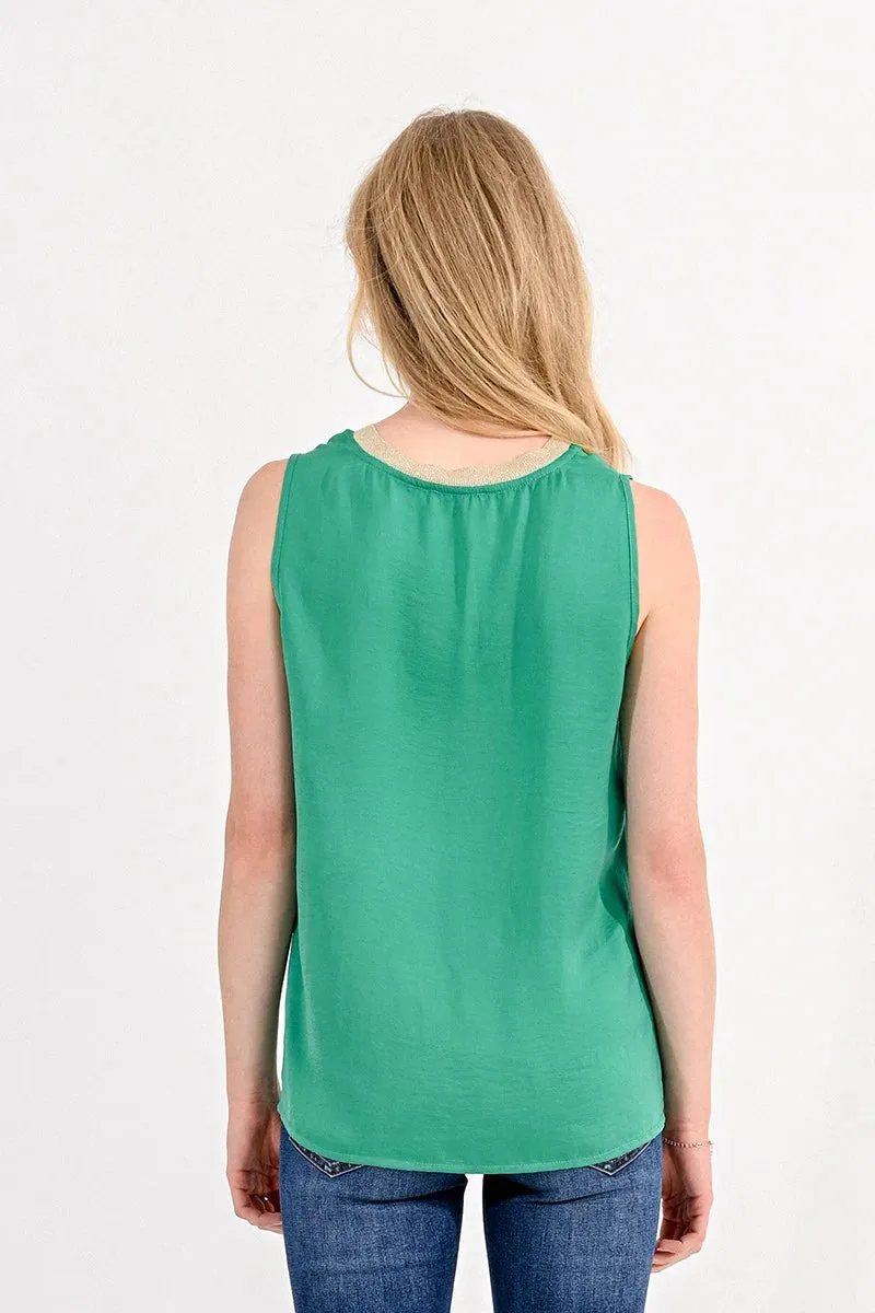 Molly Bracken V Neck Satin Tank Top in Green