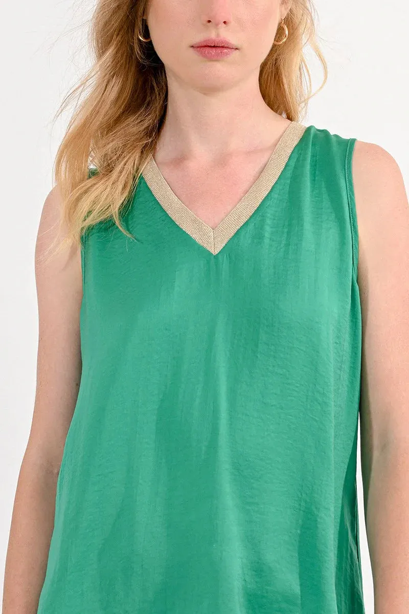 Molly Bracken V Neck Satin Tank Top in Green