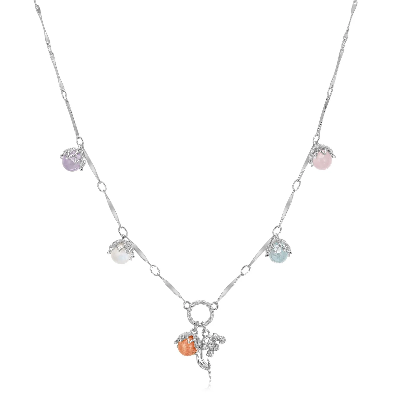 Moonstone, Sunstone, Amethyst, Blue Topaz, Rose Quartz Silver Dangle Choker - Lily of the Valley