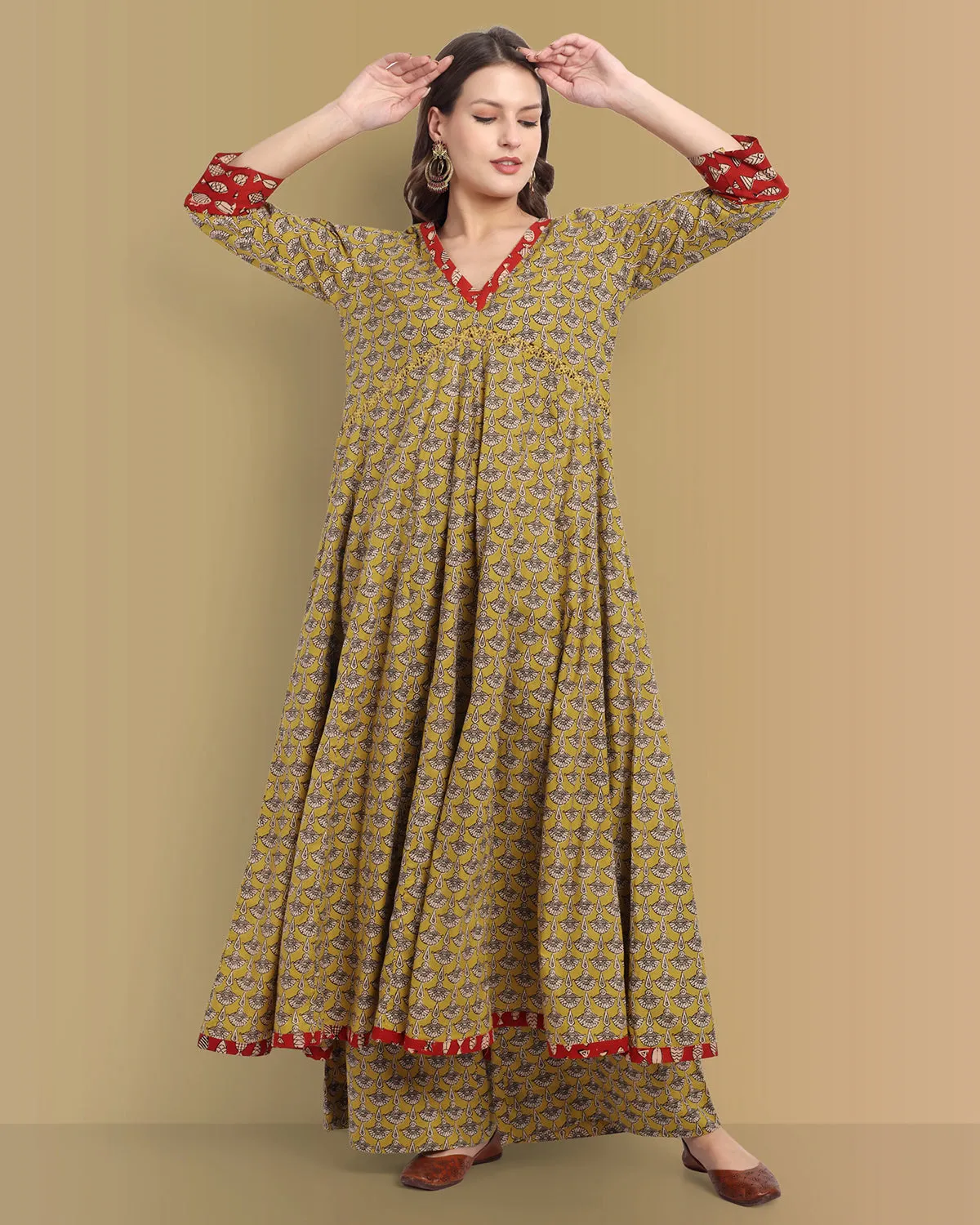 Mustard Ajrak Bahaar Kalidaar Kurta with Lower