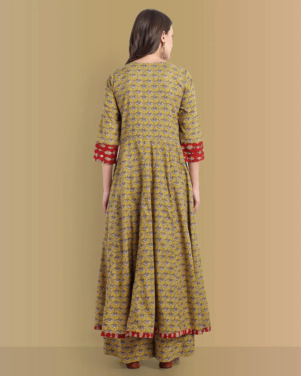 Mustard Ajrak Bahaar Kalidaar Kurta with Lower