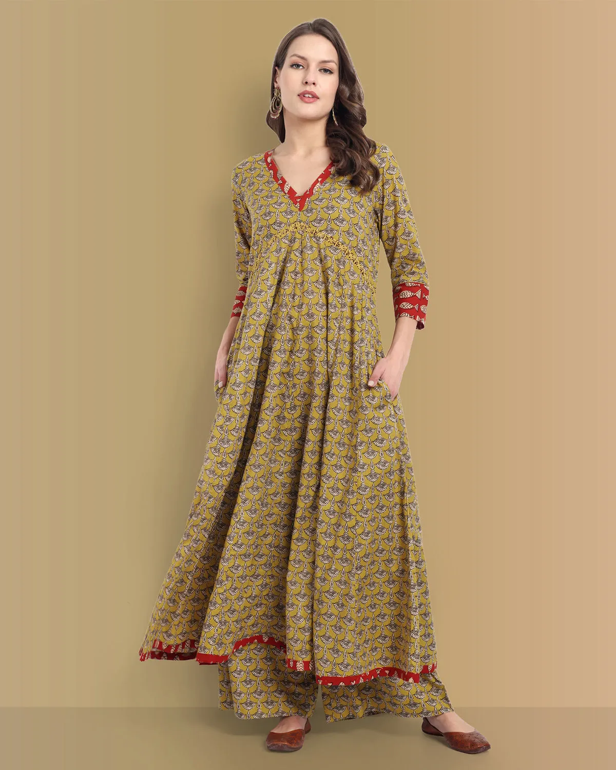 Mustard Ajrak Bahaar Kalidaar Kurta with Lower