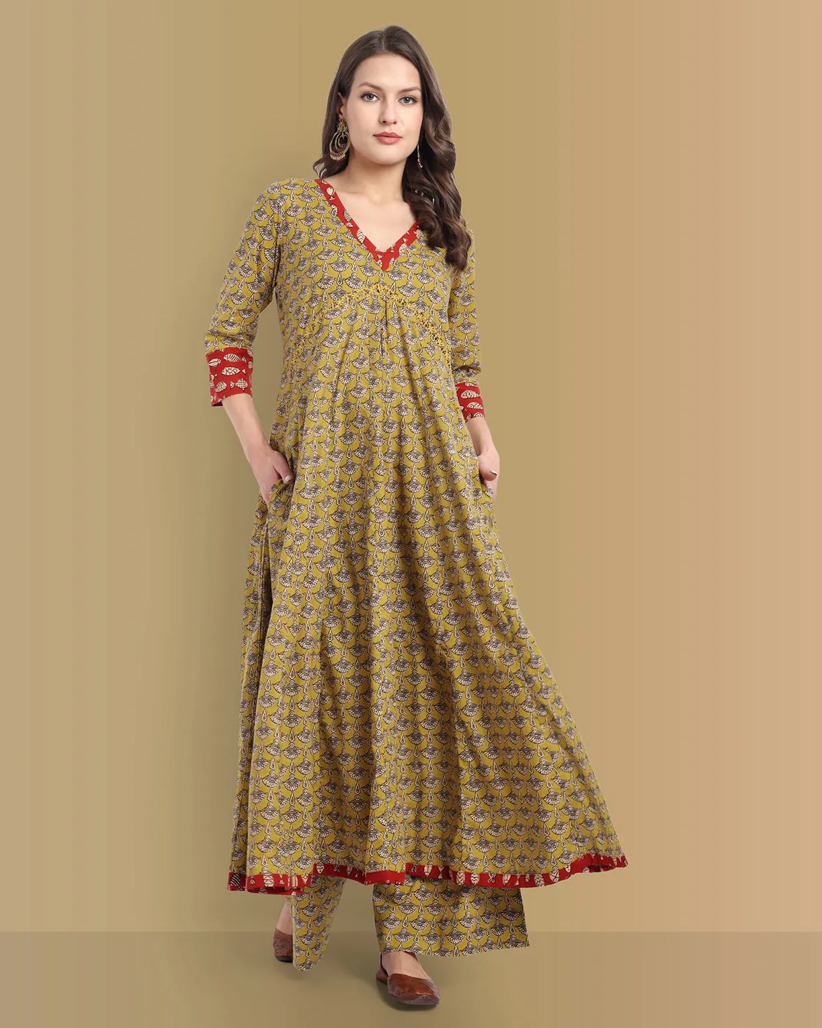 Mustard Ajrak Bahaar Kalidaar Kurta with Lower