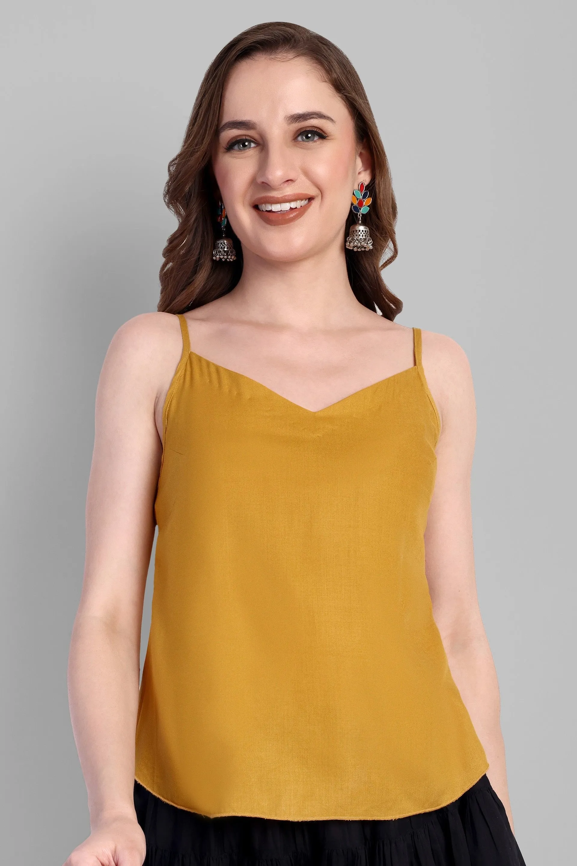 Mustard Cotton Noodle Strap Basic Top