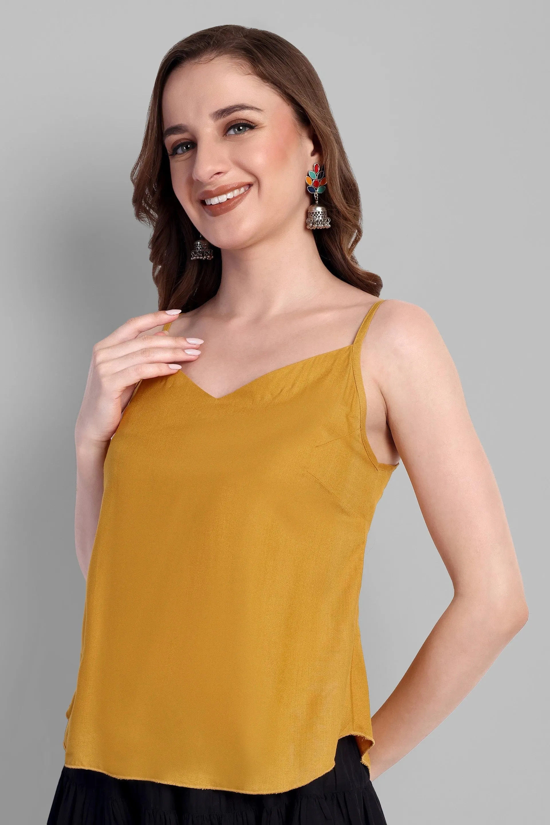 Mustard Cotton Noodle Strap Basic Top