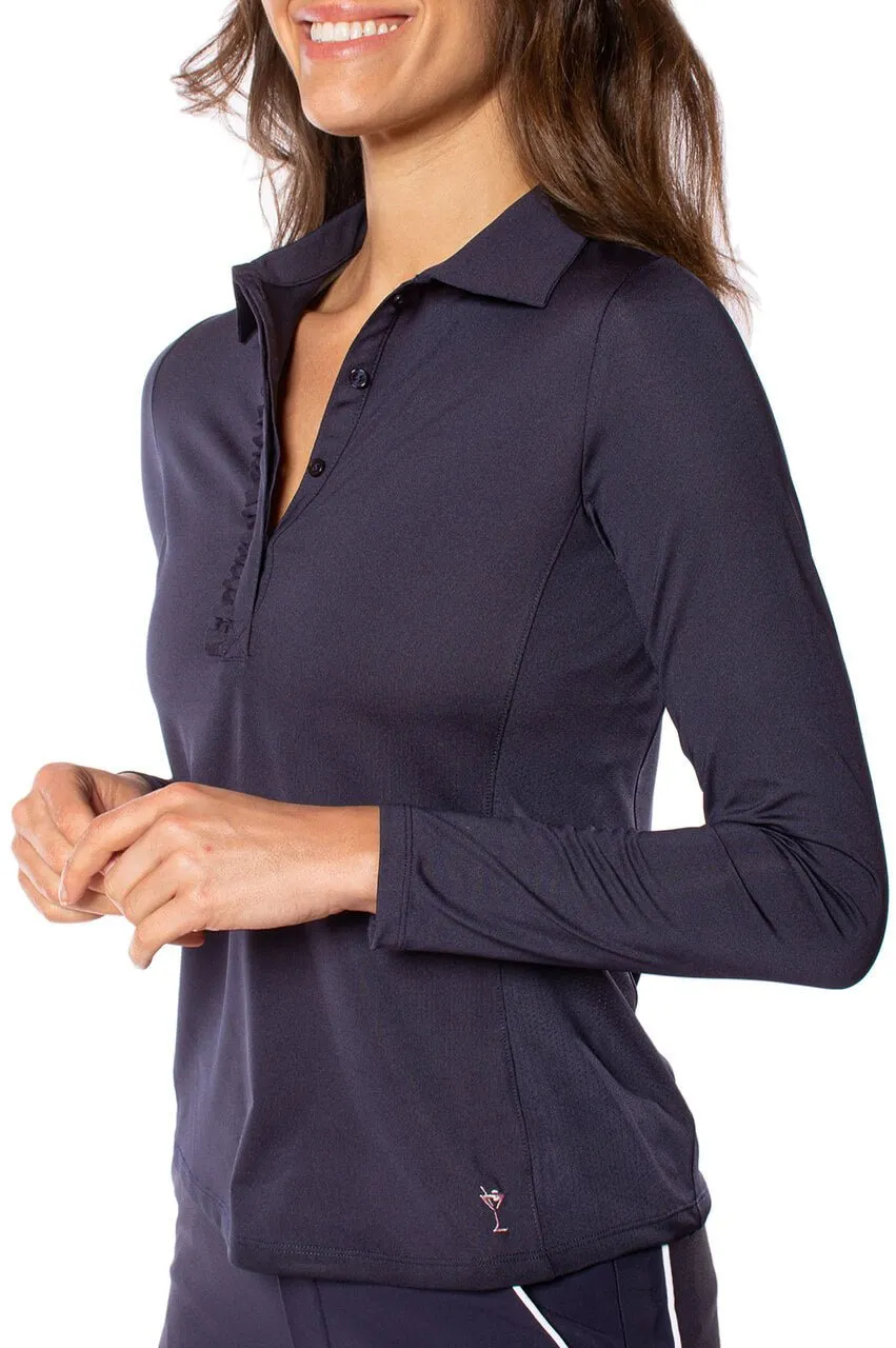 Navy Long Sleeve Ruffle Polo