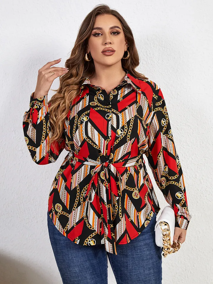 Plus Size Printed Collared Neck Tie Waist Long Sleeve Shirt | Wholesale Curve Women's Clothing