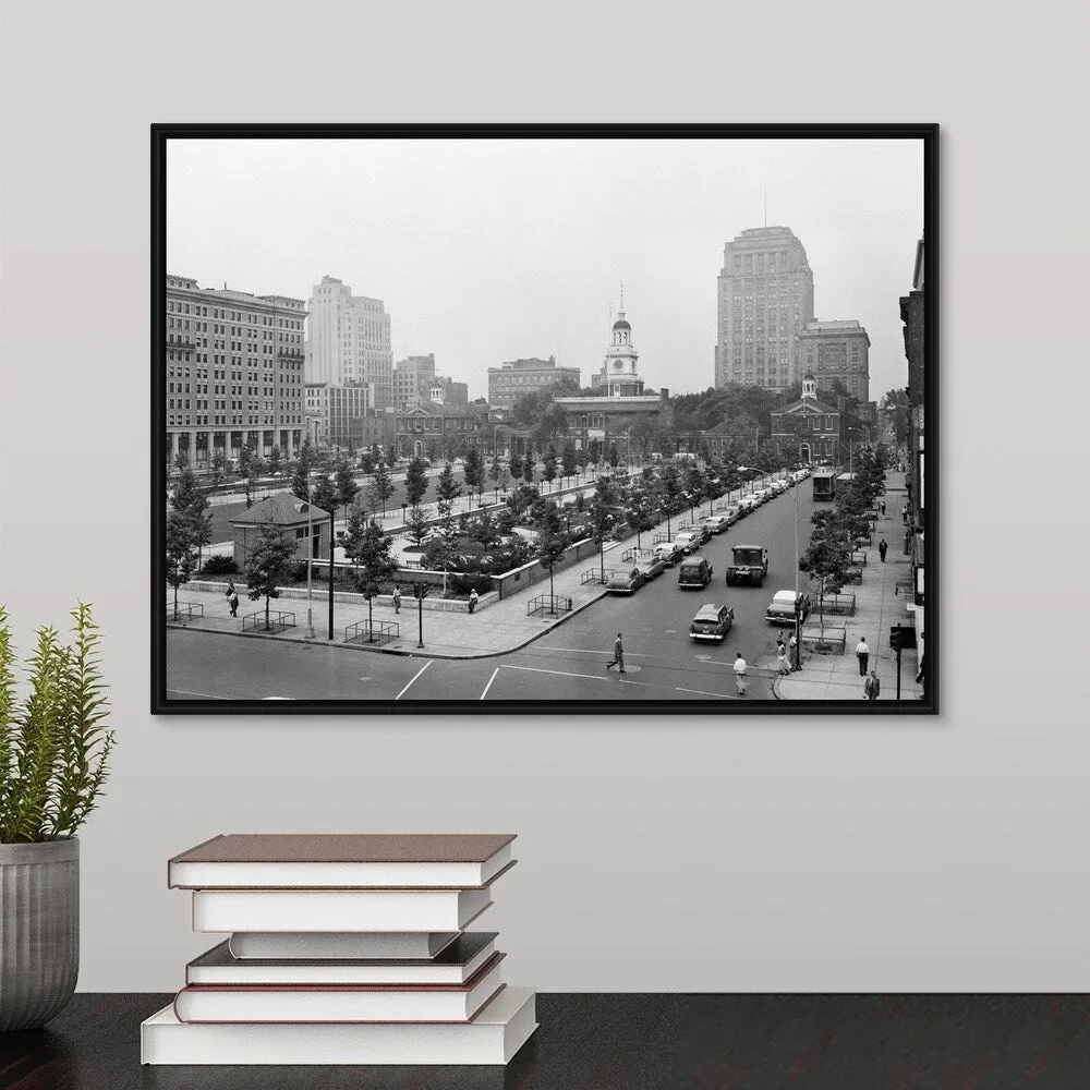 "1950's Philadelphia Looking Southeast At Historic Independence Hall Building" Black Float Frame Canvas Art