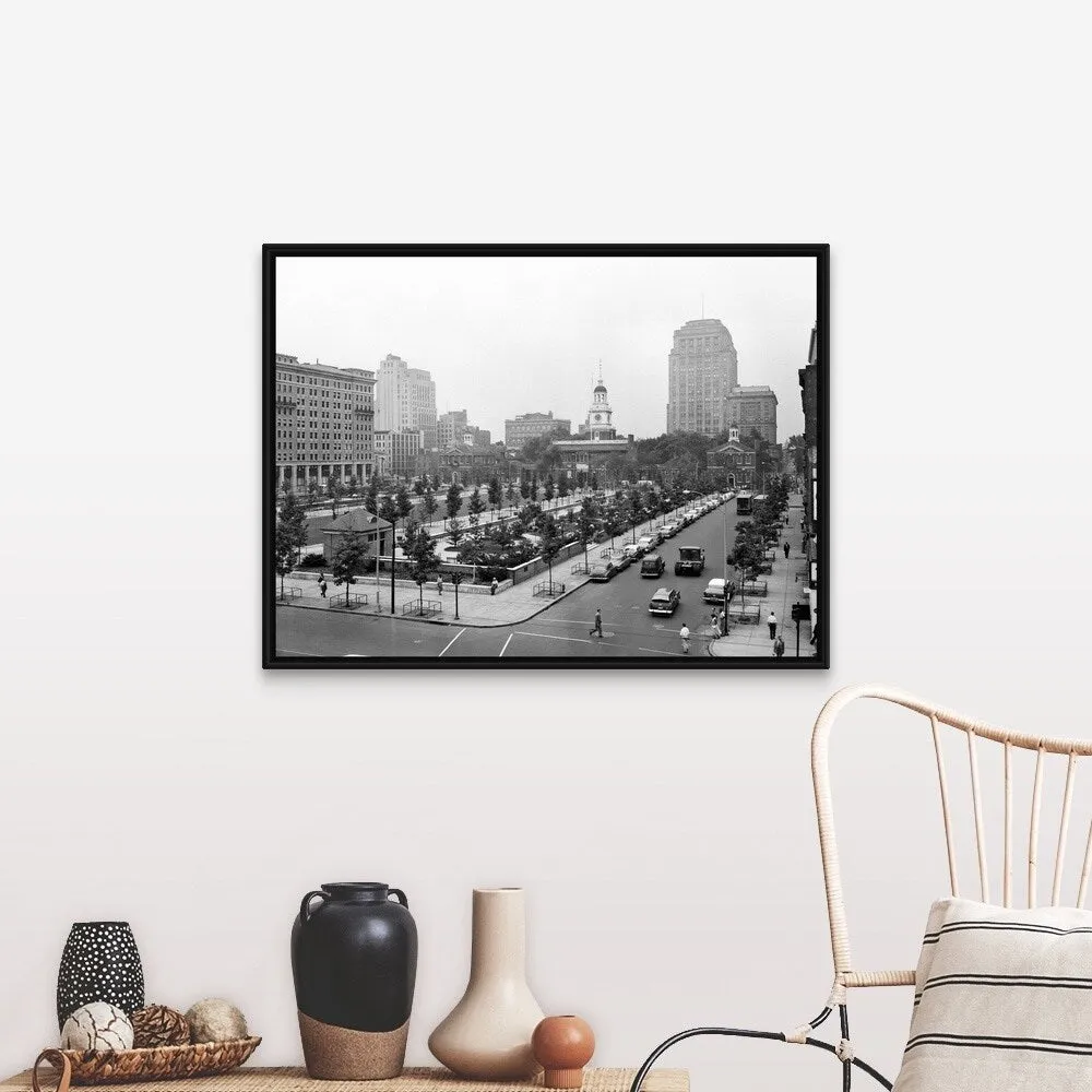 "1950's Philadelphia Looking Southeast At Historic Independence Hall Building" Black Float Frame Canvas Art