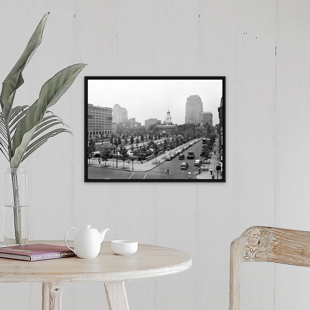 "1950's Philadelphia Looking Southeast At Historic Independence Hall Building" Black Float Frame Canvas Art