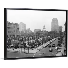 "1950's Philadelphia Looking Southeast At Historic Independence Hall Building" Black Float Frame Canvas Art