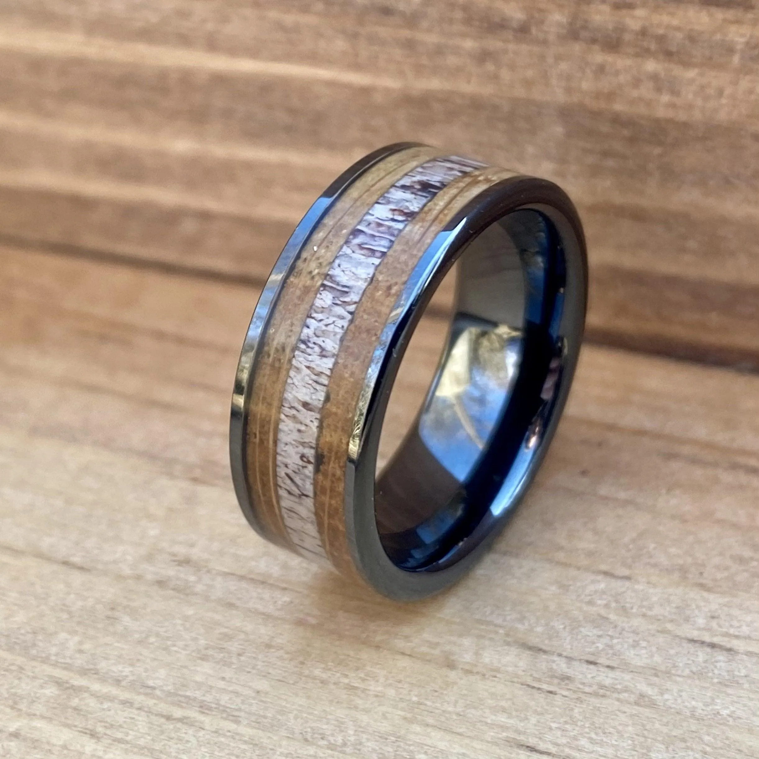 "The Outdoorsman" Black Ceramic Ring With Deer Antler and Bourbon Whiskey Barrel Wood