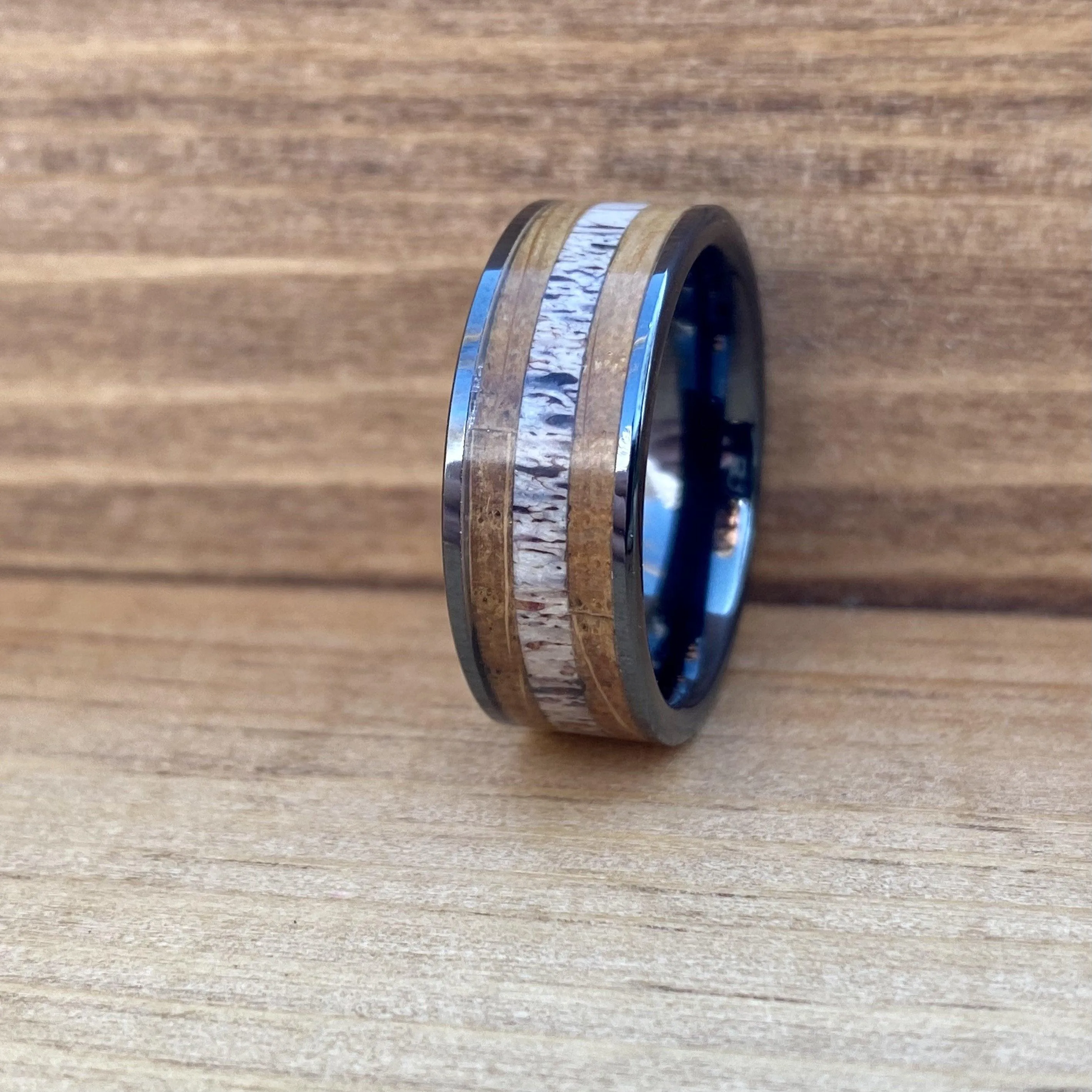 "The Outdoorsman" Black Ceramic Ring With Deer Antler and Bourbon Whiskey Barrel Wood