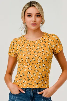 Rib Knit Printed Short Sleeve Tops - Yellow, White Floral