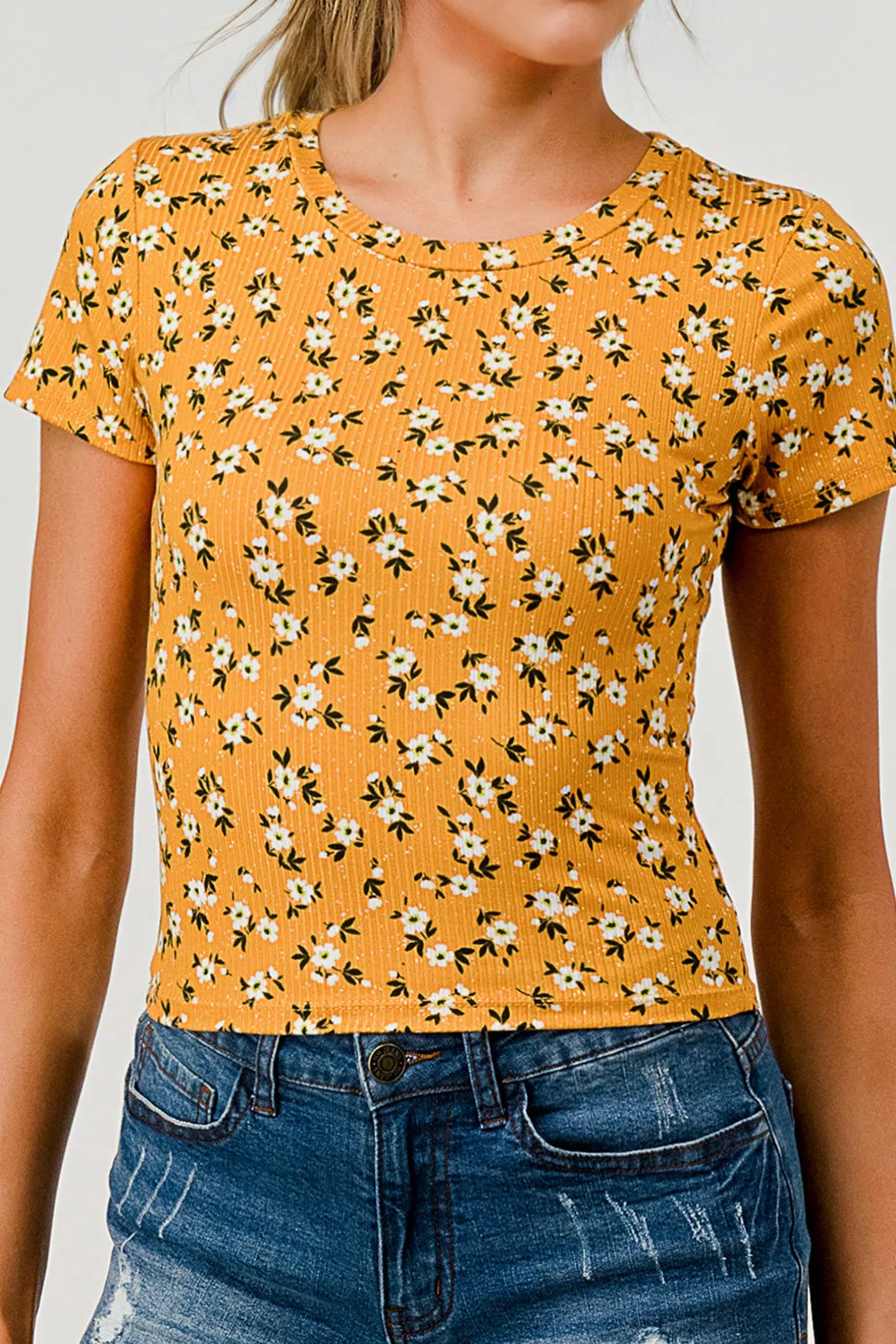 Rib Knit Printed Short Sleeve Tops - Yellow, White Floral