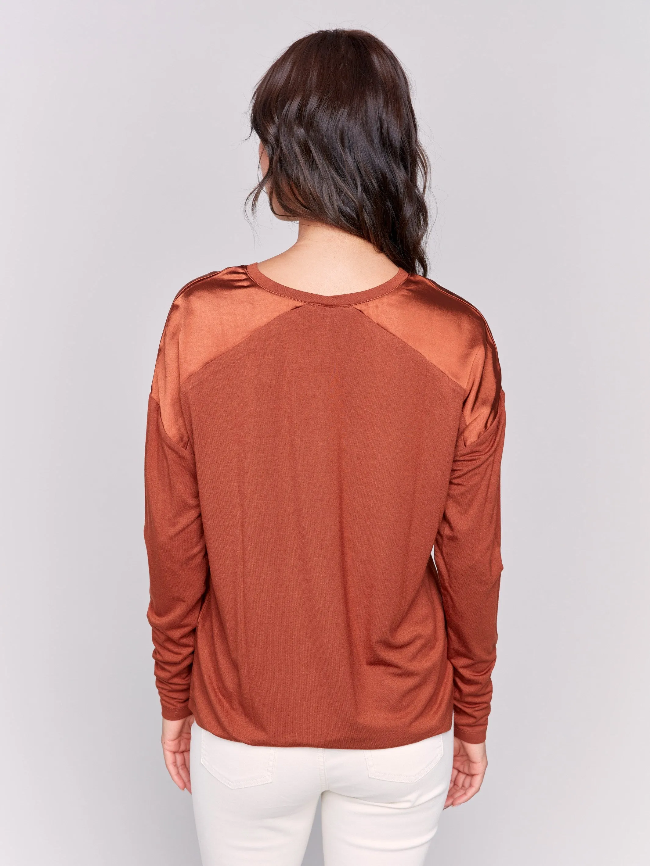 Satin and Jersey V-Neck Knit Top - Terracotta