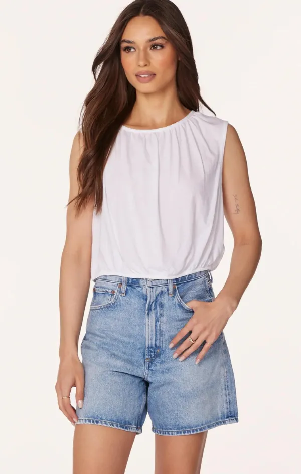 Shirred Neck and Hem Sleeveless Tee