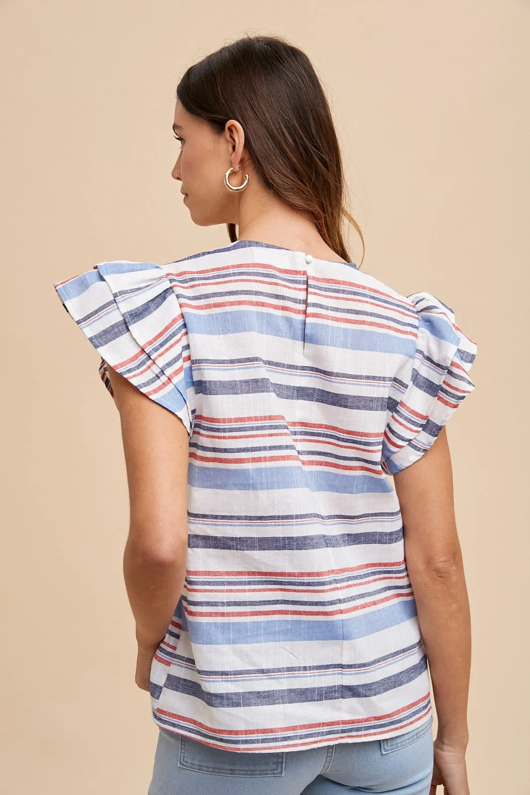 SPIRITED STRIPED RUFFLE SLEEVE TOP