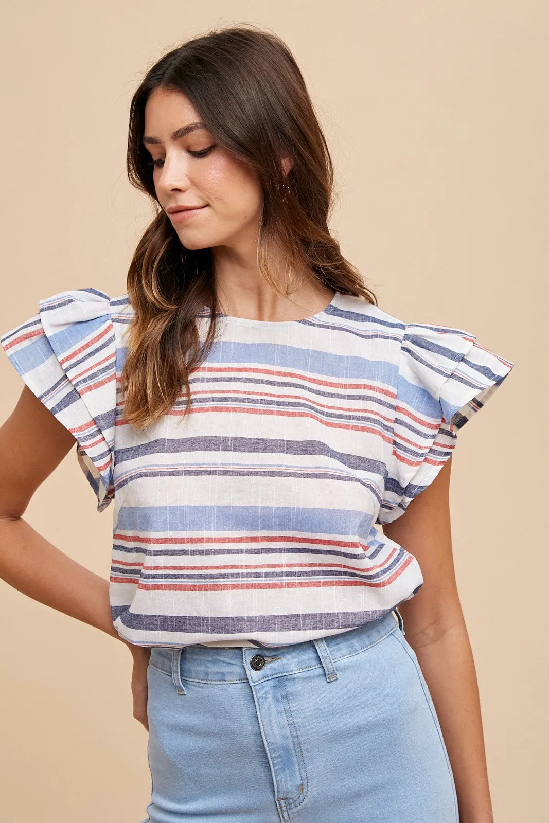 SPIRITED STRIPED RUFFLE SLEEVE TOP