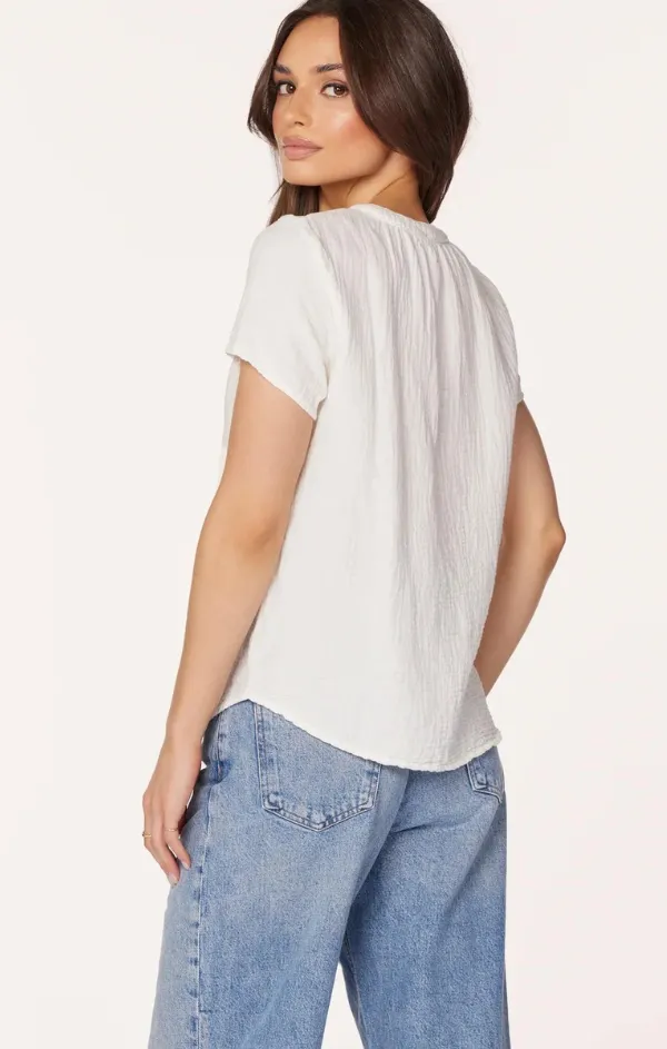 Split Neck Short Sleeve Top in White