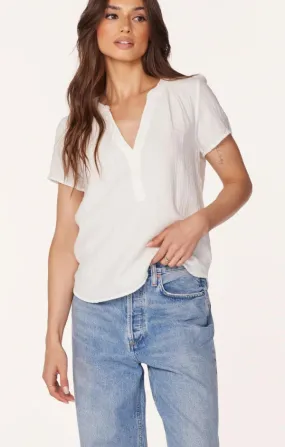 Split Neck Short Sleeve Top in White