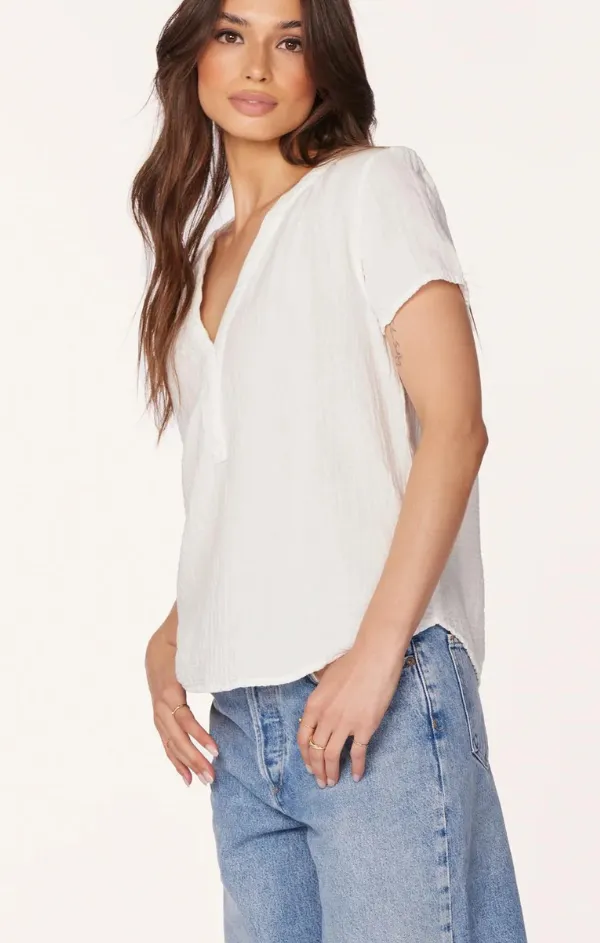 Split Neck Short Sleeve Top in White