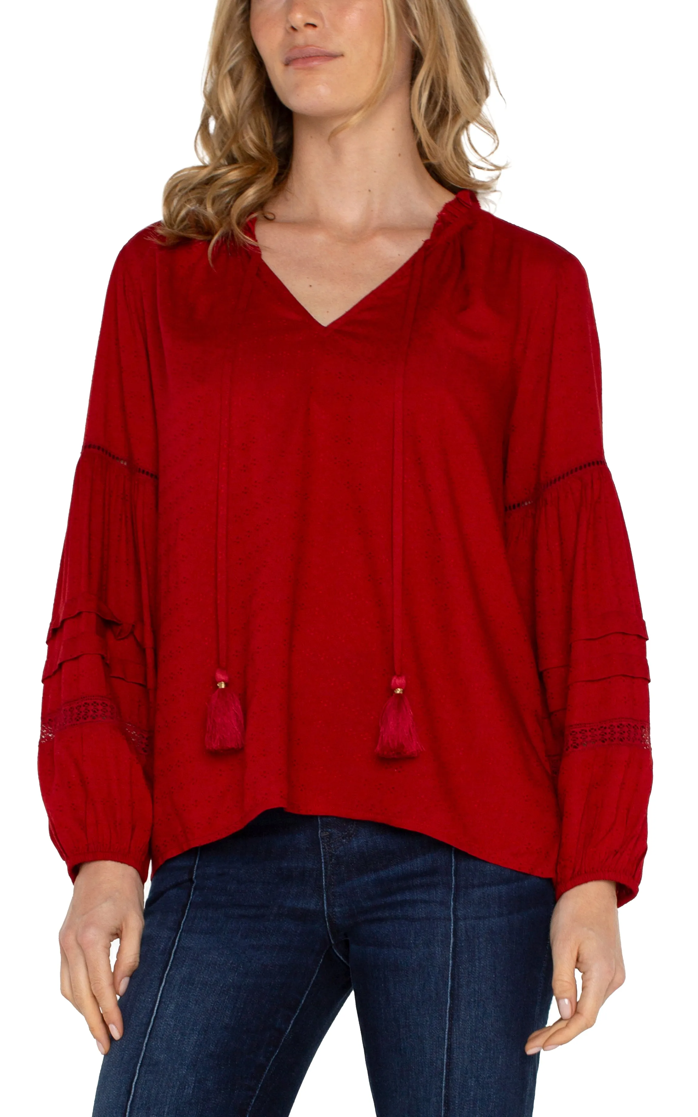 TIE FRONT POPOVER SHIRRED BLOUSE